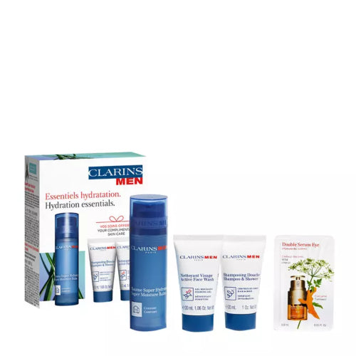 KIT ESENCIALES DE HIDRATACION CABALLERO 4 PZAS - CLARINS - Adrissa Beauty - Cuidado de la piel