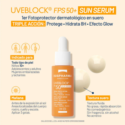 PROTECTOR SOLAR UVEBLOCK SERUM GLOW SPF50 28ML - ISISPHARMA - Adrissa Beauty - Cuidado de la piel