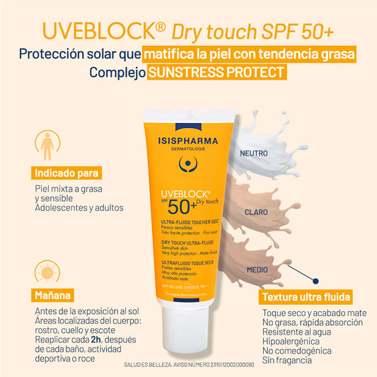 PROTECTOR SOLAR UVEBLOCK ULTRA FLUIDO DRY TOUCH SPF50 40ML - ISISPHARMA - Adrissa Beauty - Cuidado de la piel