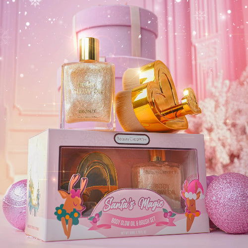 SET SANTAS MAGIC BODY GLOW OIL BRONZE + BROCHA - BEAUTY CREATIONS - Adrissa Beauty - Maquillaje