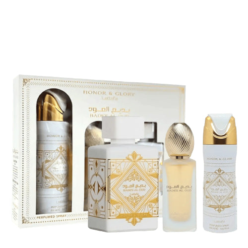 SET BADEE AL OUD HONOR & GLORY 3PZAS EDP 100ML U - LATTAFA - Adrissa Beauty - Perfume y colonias