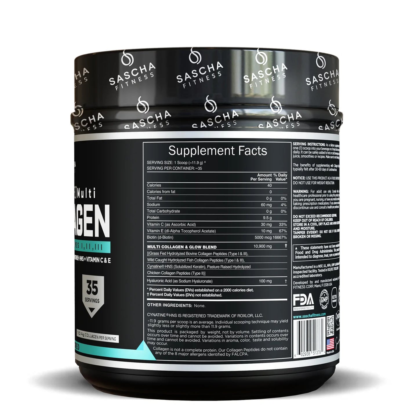 COLAGENO UNFLAVORED 490GR - SASCHA FITNESS - Adrissa Beauty -