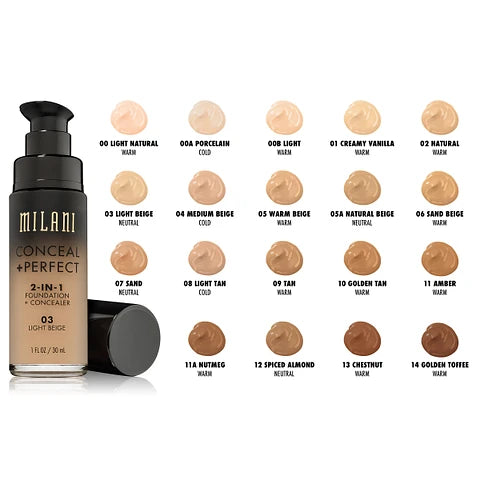 BASE CONCEAL + PERFECT 2IN1 02 NATURAL - MILANI - Adrissa Beauty - Maquillaje