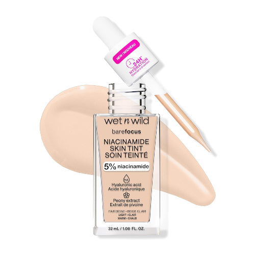 BASE BAREFOCUS NIACINAMIDE 5% SKIN TINT FAIR BEIGE 32ML - WET N WILD - Adrissa Beauty - Maquillaje