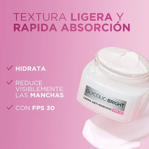 CREMA HIDRATANTE GLYCOLIC BRIGHT FPS30 50ML - LOREAL - Adrissa Beauty - Cuidado de la piel