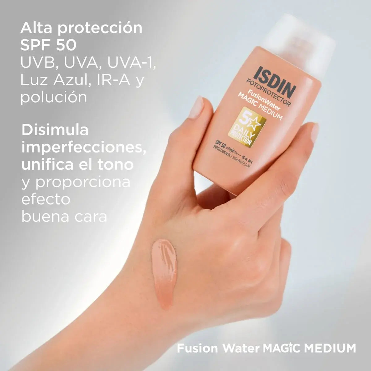 PROTECTOR SOLAR FUSION WATER MAGIC MEDIUM OIL CONTROL SPF50 50ML - ISDIN - Adrissa Beauty - Cuidado de la piel