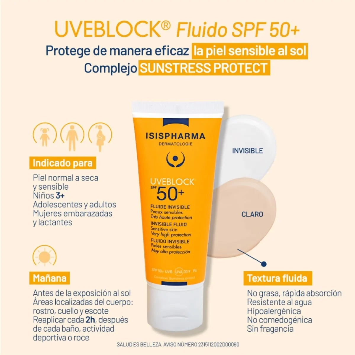 PROTECTOR SOLAR UVEBLOCK FLUIDO MEDIUM SPF50 40ML - ISISPHARMA - Adrissa Beauty - Cuidado de la piel