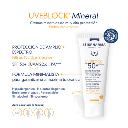 PROTECTOR SOLAR UVEBLOCK MINERAL SPF50 40ML - ISISPHARMA - Adrissa Beauty - Cuidado de la piel