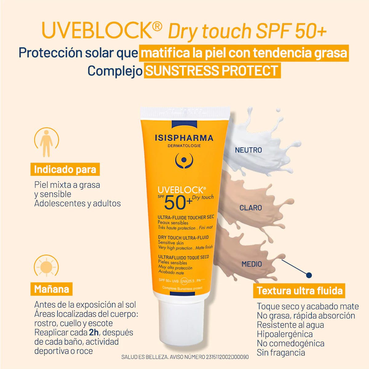 PROTECTOR SOLAR UVEBLOCK ULTRA FLUIDO DRY TOUCH SPF50 40ML - ISISPHARMA - Adrissa Beauty - Cuidado de la piel