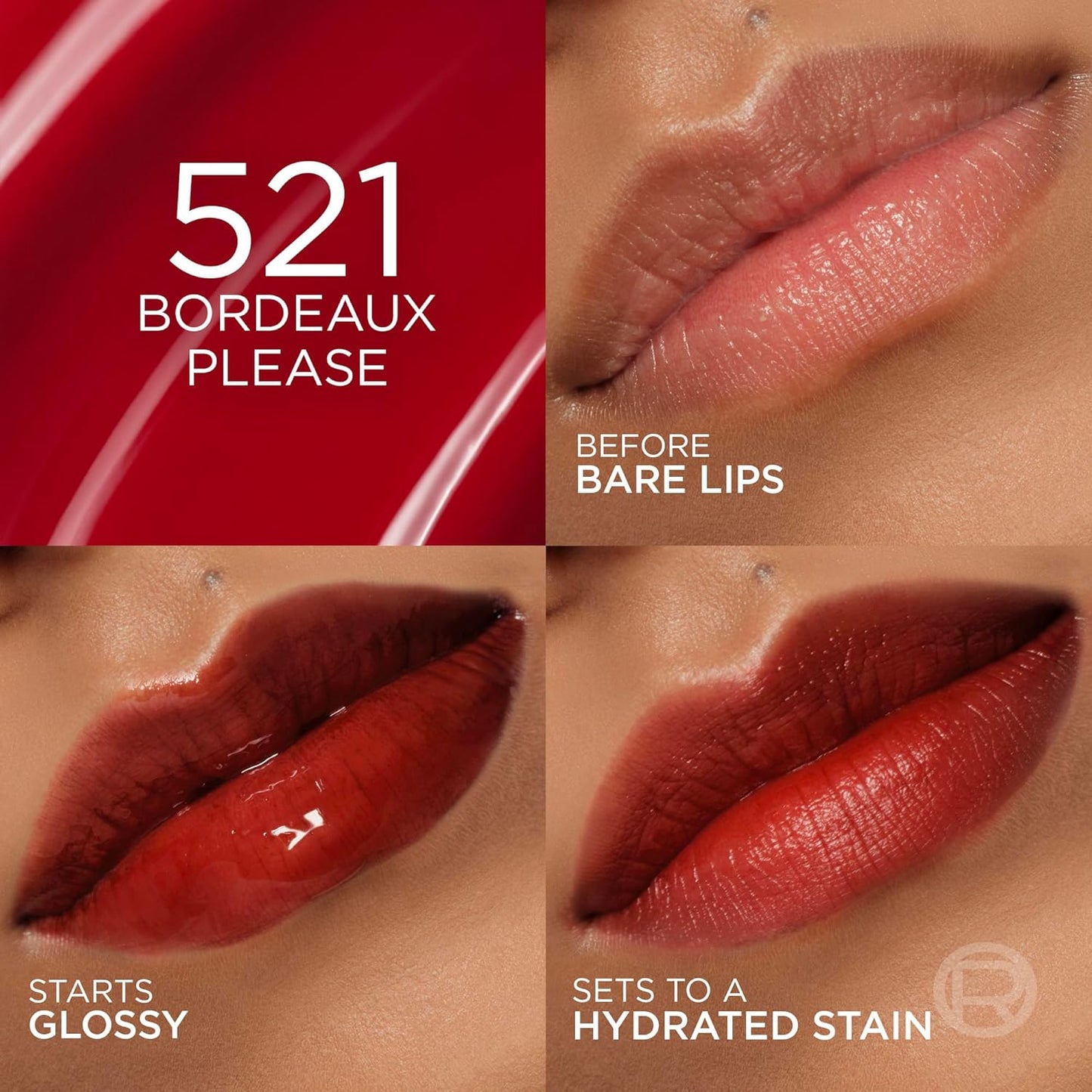 TINTA LIP STAIN SERUM HYALURON 521 BORDEAUX PLEASE - LOREAL - Adrissa Beauty - Maquillaje