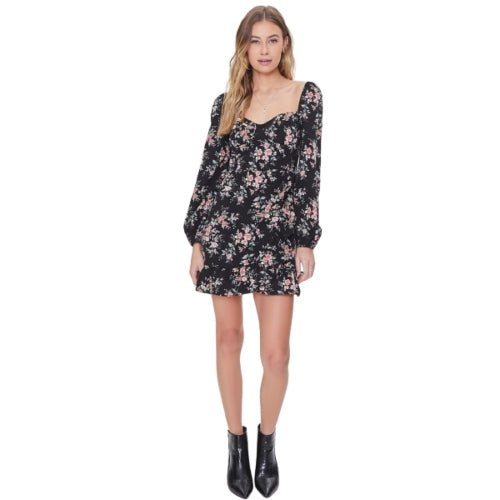 VESTIDO CORTO NEGRO FLORES TALLA M - FOREVER 21 - Adrissa Beauty - Vestidos